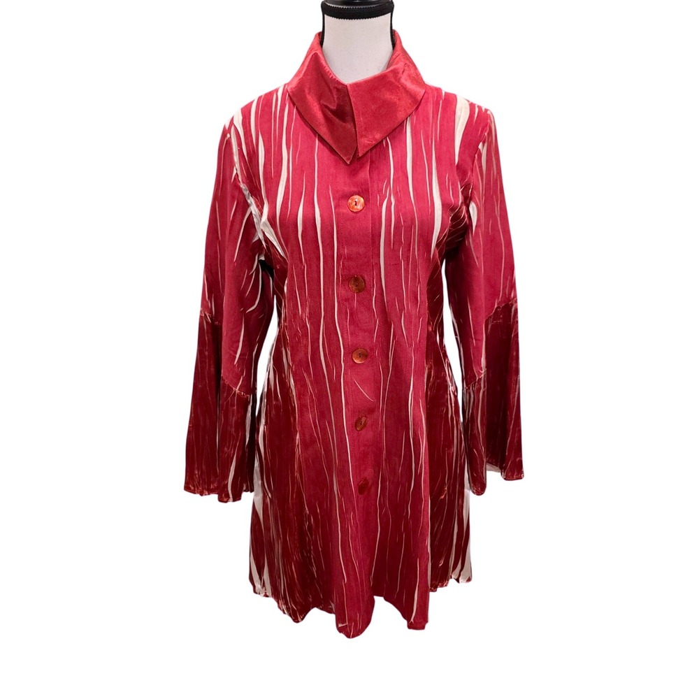 Jerry T Crinkle Satin Blouse Womens M Wine Stripe Bell Sleeve Tunic Artwear NWT